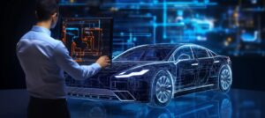 Engineer using AI-powered software tools to analyze automotive system architecture during vehicle development and safety engineering