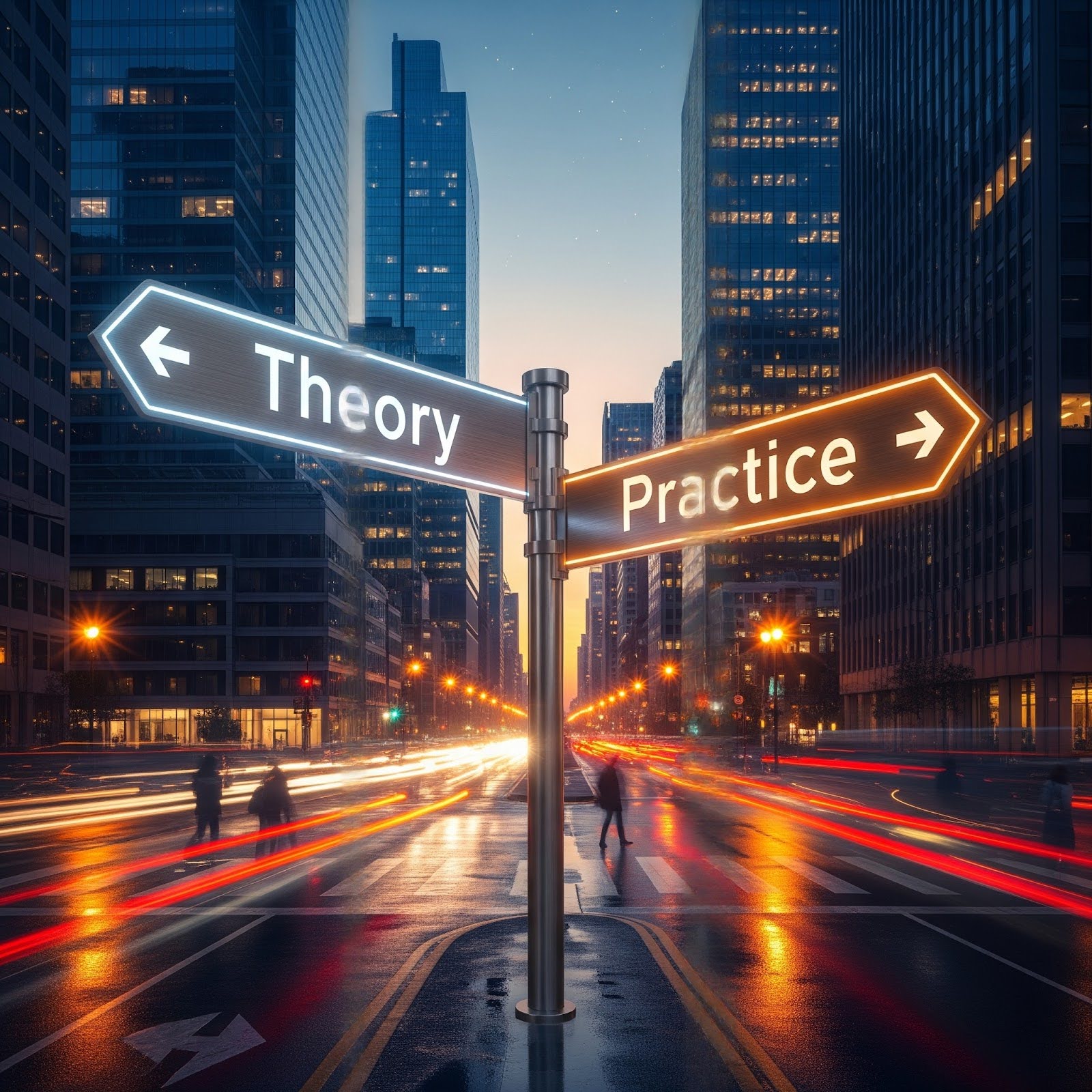 Street signs illustrating the contrast between theory and practice in engineering