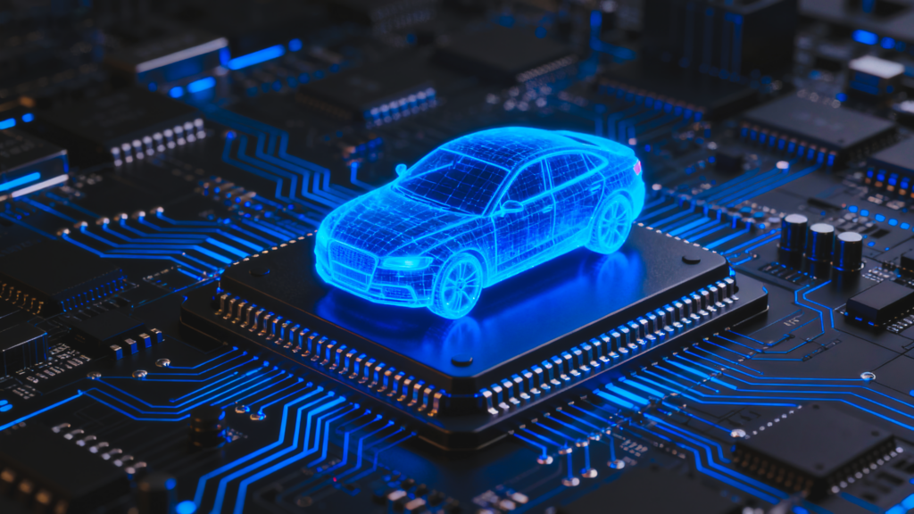 Holographic car model on a microchip, representing embedded automotive systems and safety integration.