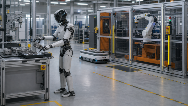 Humanoid robot, autonomous mobile robot, and industrial robotic arm operating in a safeguarded robotics validation facility.