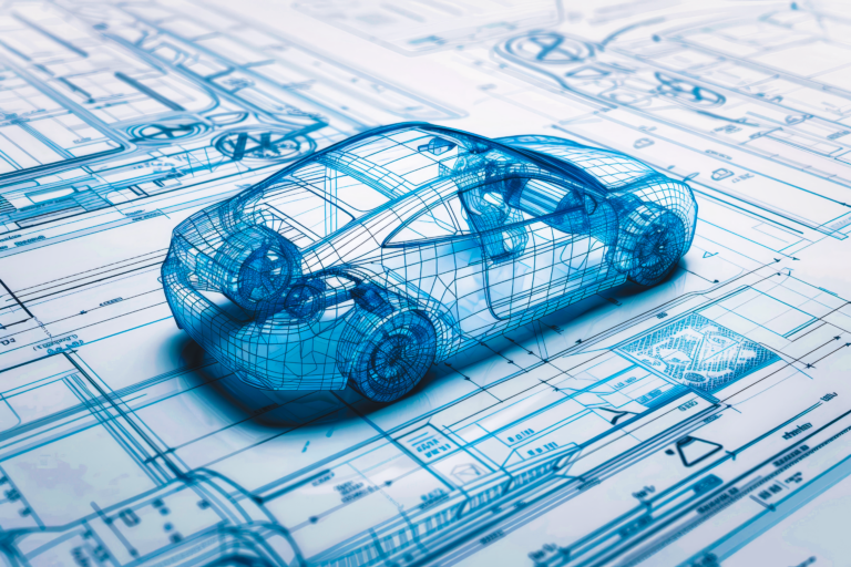 Wireframe vehicle architecture over engineering schematics representing functional safety system design and lifecycle analysis.