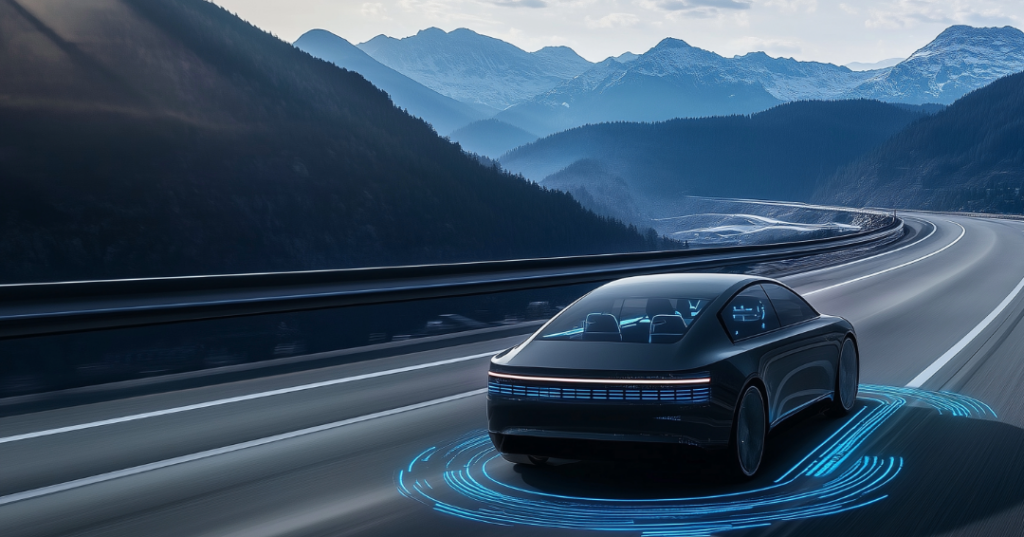 Automated vehicle operating on an open road with sensor visualization, representing safety of the intended functionality and operational uncertainty.