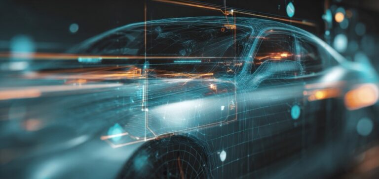 Futuristic automotive system visualization with digital overlays and signal flows