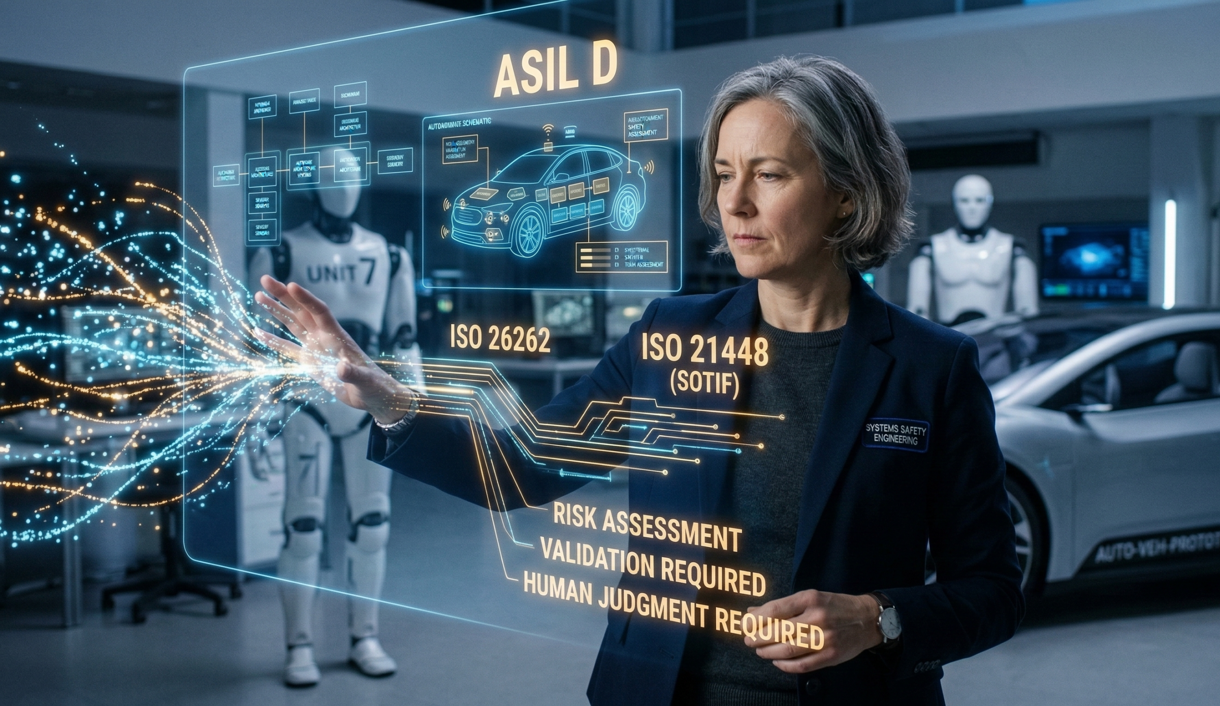 Systems safety engineer evaluating AI outputs under ISO 26262 and ISO 21448 (SOTIF) with ASIL D risk assessment requiring human validation.