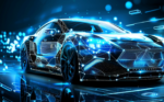 Futuristic connected vehicle with digital network overlay representing AI, cybersecurity, and safety-critical automotive systems