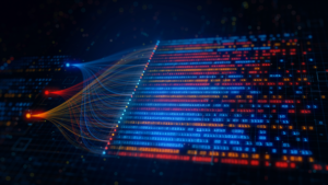 Abstract visualization of machine learning dataset structure and data pipelines representing dataset governance and validation under ISO/PAS 8800.