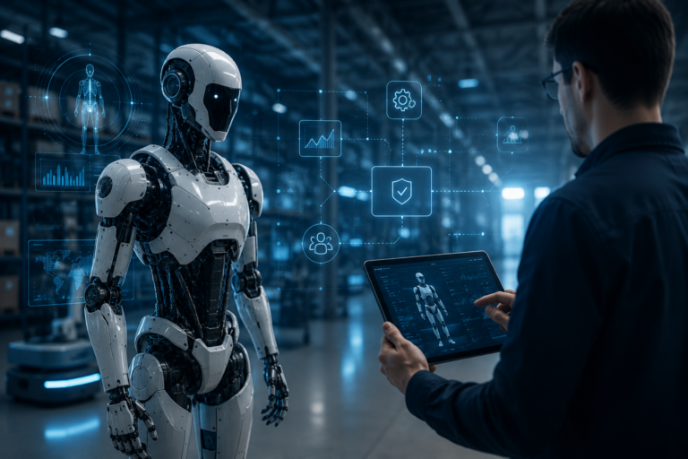 Humanoid robot interacting with an engineer using a tablet in a high-tech environment, with subtle digital overlays representing software-driven robotics and safety systems