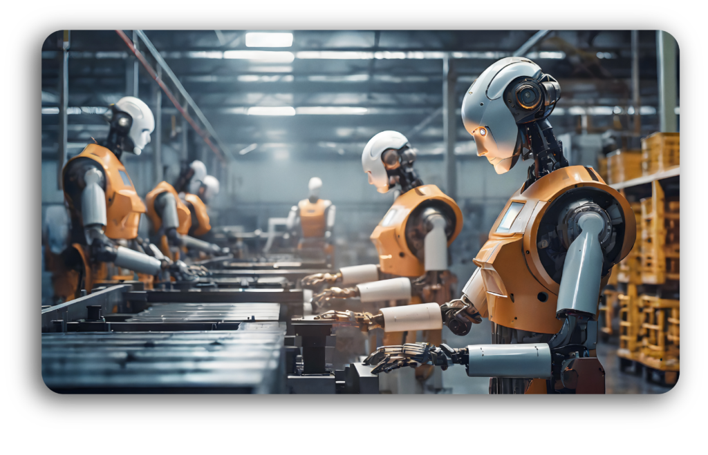 Humanoid robots operating in an industrial environment, illustrating functional safety challenges in shared human–robot workspaces
