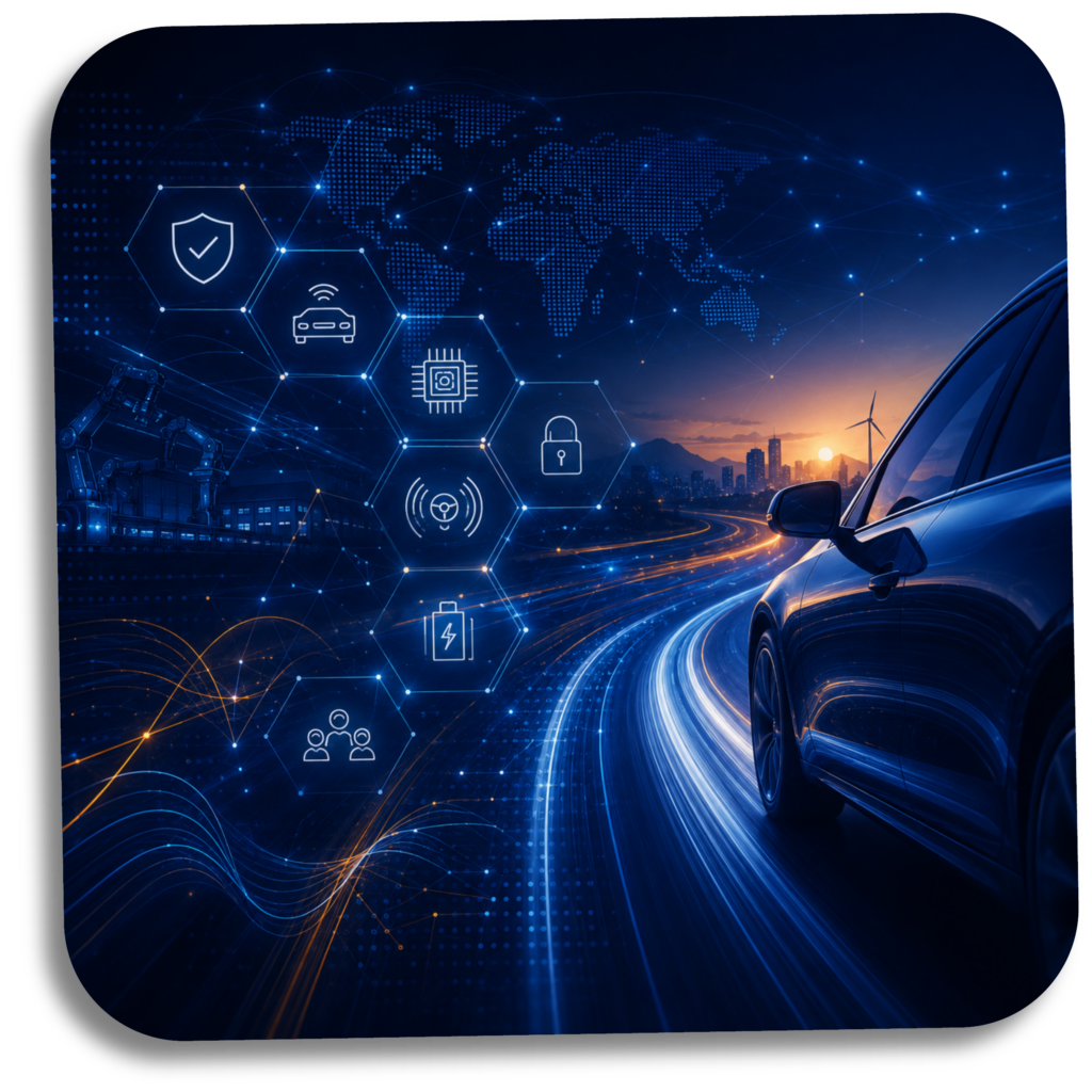 Automotive safety consulting concept featuring a connected vehicle with digital networks representing functional safety, AI safety, cybersecurity, autonomous systems, and software-defined vehicle technologies.