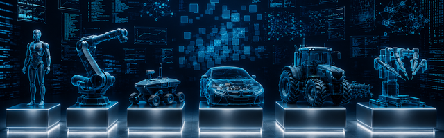 Digital illustration of robotics, autonomous vehicles, agriculture, and AI-enabled systems connected through data and validation technologies