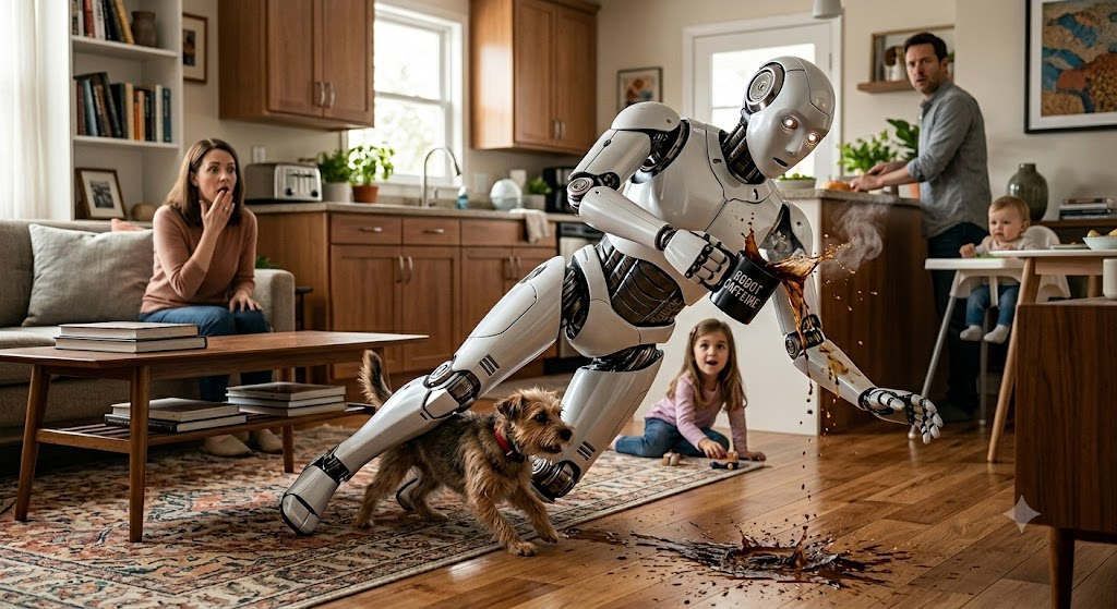Humanoid robot carrying coffee in a home environment after a perception error triggered by a pet crossing its path.