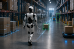 Humanoid robot navigating a warehouse aisle with subtle perception overlays, detected objects, and ghosted motion trails representing validation and testing of autonomous behavior.