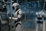 Humanoid robot operating an industrial control console in a connected manufacturing facility with cybersecurity engineering overlays for EU Cyber Resilience Act (CRA) Training.