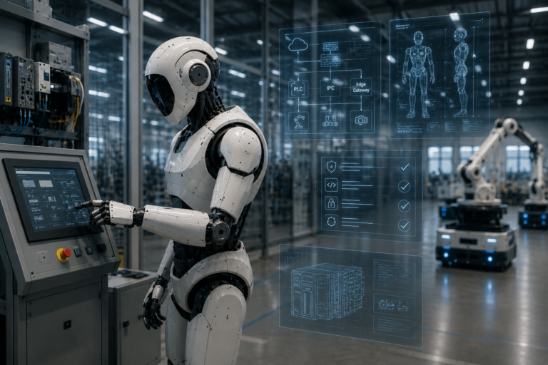 Humanoid robot operating an industrial control console in a connected manufacturing facility with cybersecurity engineering overlays for EU Cyber Resilience Act (CRA) Training.