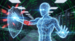 Digital illustration of a humanoid robot protected by a cybersecurity shield, representing the EU Cyber Resilience Act and cybersecurity for connected robotic systems.