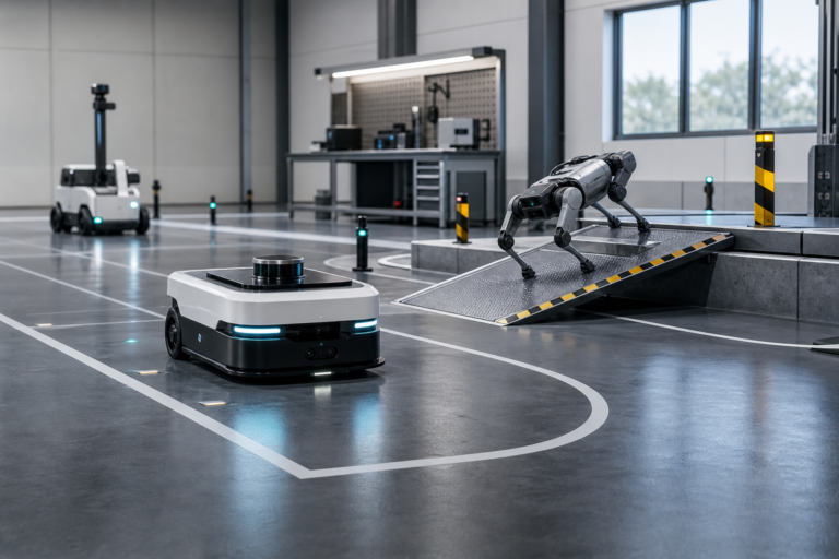 Autonomous mobile and legged robots undergoing functional safety testing in an industrial validation facility