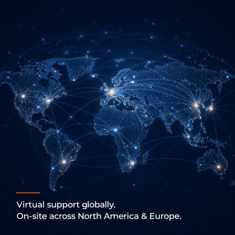 World map showing SRES virtual support globally and on-site support across North America and Europe.