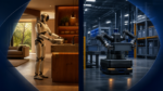 Split image showing a humanoid robot in a home and a wheeled general-purpose robot handling a tote in an industrial facility.