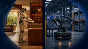 Split image showing a humanoid robot in a home and a wheeled general-purpose robot handling a tote in an industrial facility.