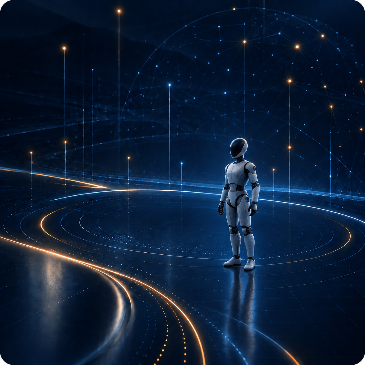 Abstract visualization of a humanoid robot within a connected Physical AI safety and assurance environment