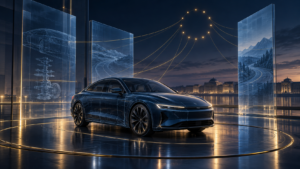 Conceptual vehicle surrounded by translucent engineering panels and gold connections, illustrating automotive AI development and governance.