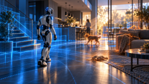 Humanoid robot navigating a home while evaluating people, pets, obstacles, glare, and other uncertain environmental conditions